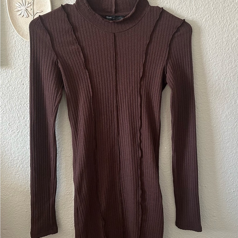 Brown Ribbed Long Sleeve mini dress